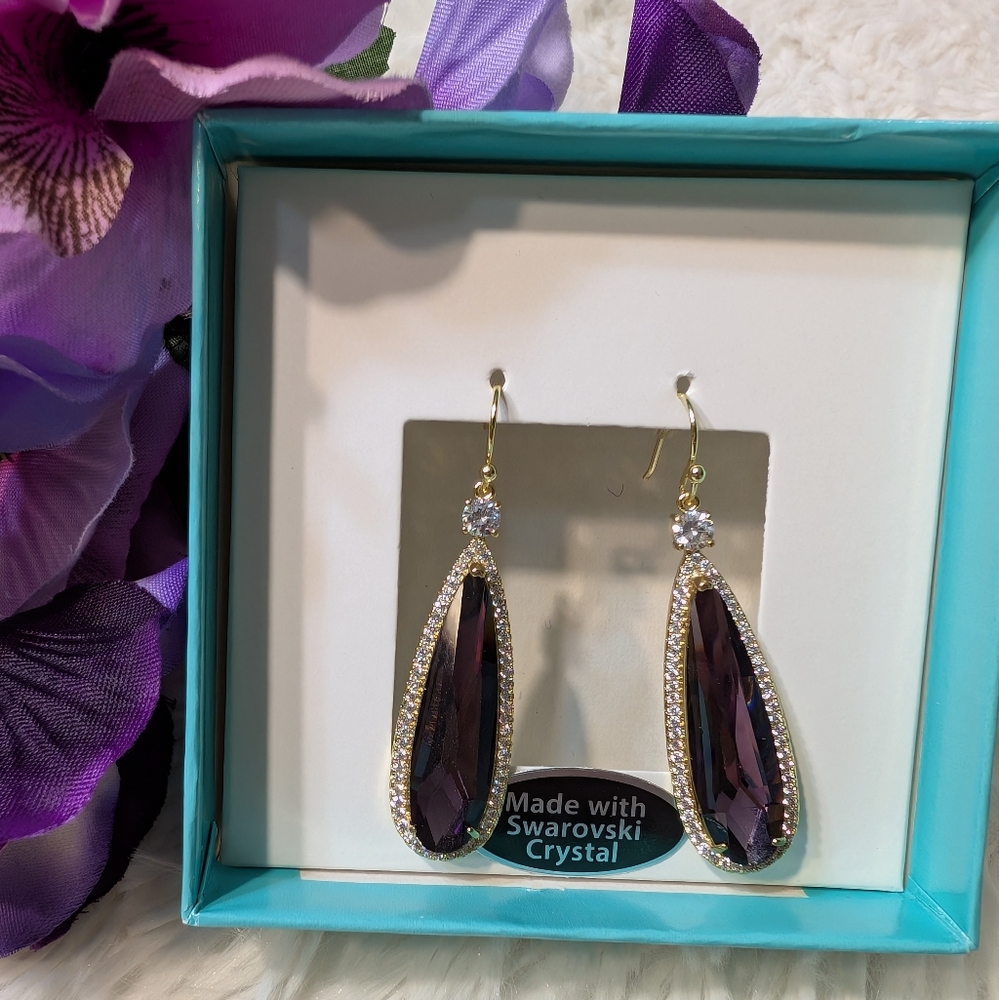 Gold-Plated Purple Amethyst Teardrop Earrings w/ Sparkly Swarovski Crystals